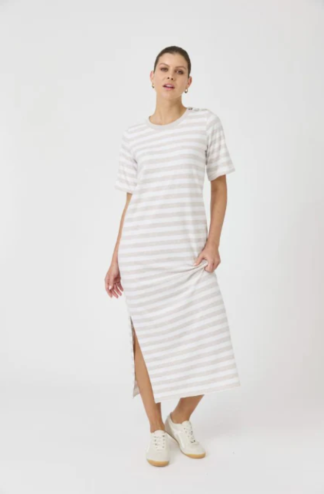 EB & IVE STUDIO STRIPE T-SHIRT DRESS - STONE - 2593801