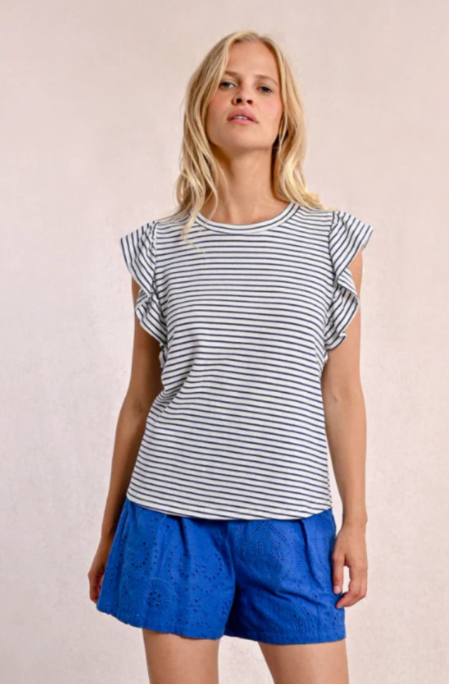 MOLLY BRACKEN LADIES KNITTED TEE - WHITE/NAVY BLUE - T1945DP-WHI