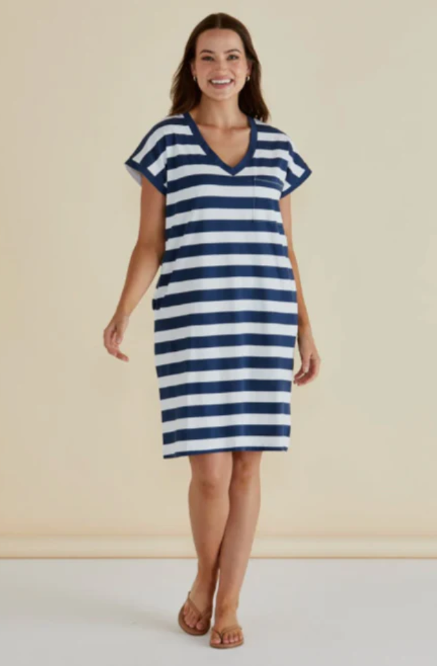 BETTY BASICS ZENA T-SHIRT DRESS - NAVY BOLD STRIPE- BB1019-NBS