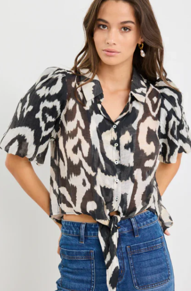 AMONG THE BRAVE - EXEMPTION TIE FRONT SHIRT - BLACK ZEBRA