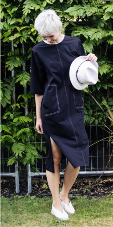 WHITE ON BLACK TOPSTITCH DRESS - BLACK - PHS-2066