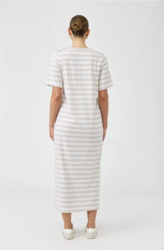EB & IVE STUDIO STRIPE T-SHIRT DRESS - STONE - 2593801