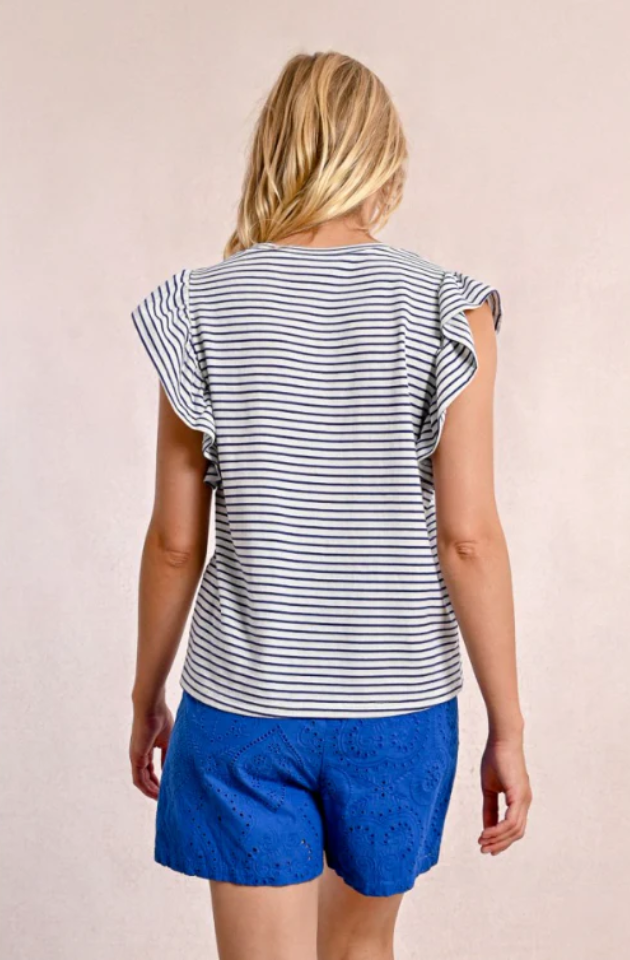MOLLY BRACKEN LADIES KNITTED TEE - WHITE/NAVY BLUE - T1945DP-WHI