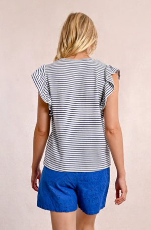 MOLLY BRACKEN LADIES KNITTED TEE - WHITE/NAVY BLUE - T1945DP-WHI