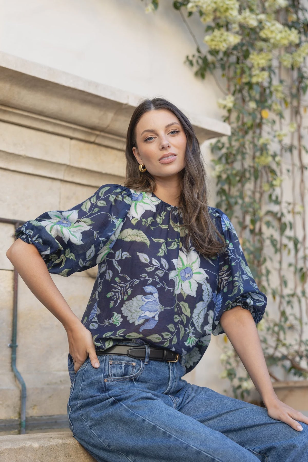 IVY & JACK SINCERE MID SLEEVE TOP - INK BOTANICAL