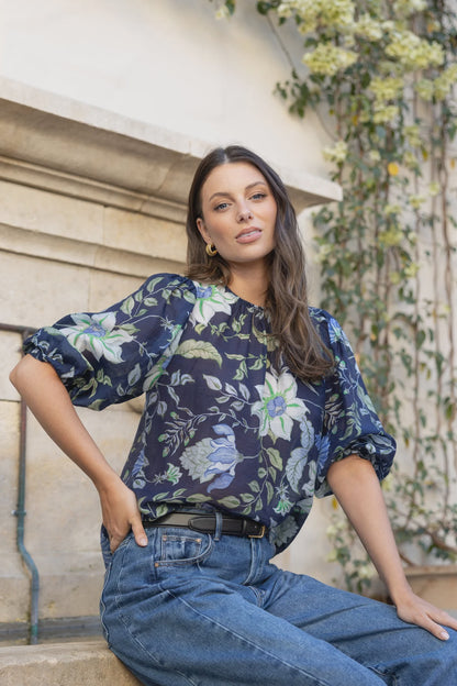 IVY & JACK SINCERE MID SLEEVE TOP - INK BOTANICAL
