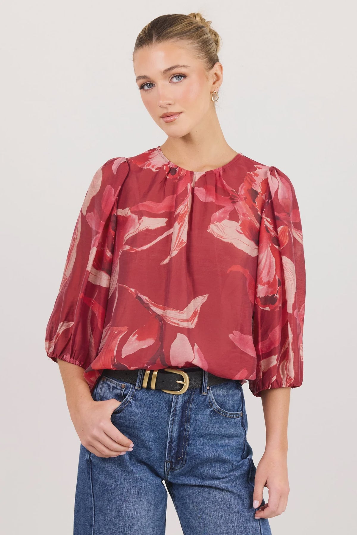 IVY & JACK SINCERE SHIRRED TOP - LARGE RED PEONY