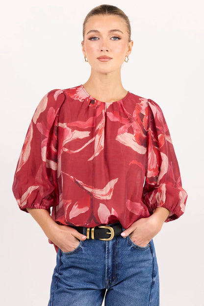 IVY & JACK SINCERE SHIRRED TOP - LARGE RED PEONY