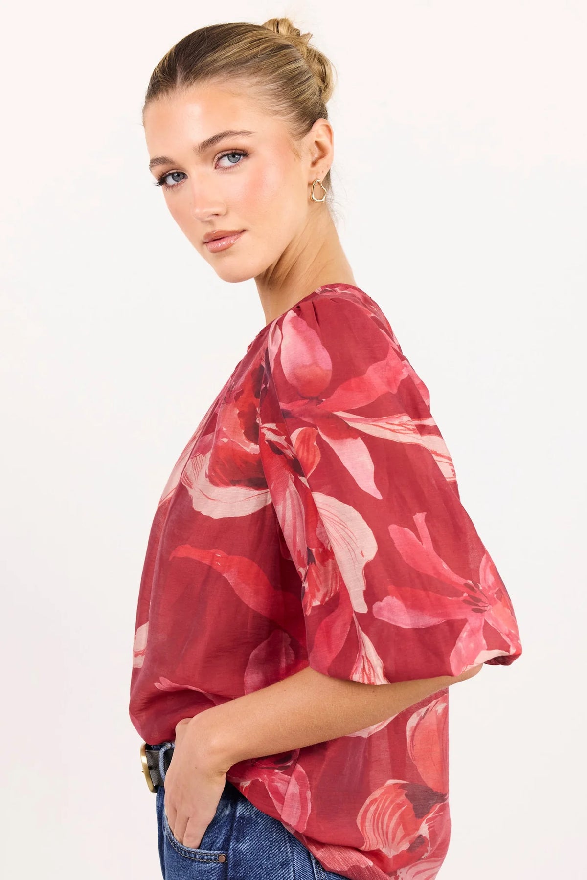 IVY & JACK SINCERE SHIRRED TOP - LARGE RED PEONY