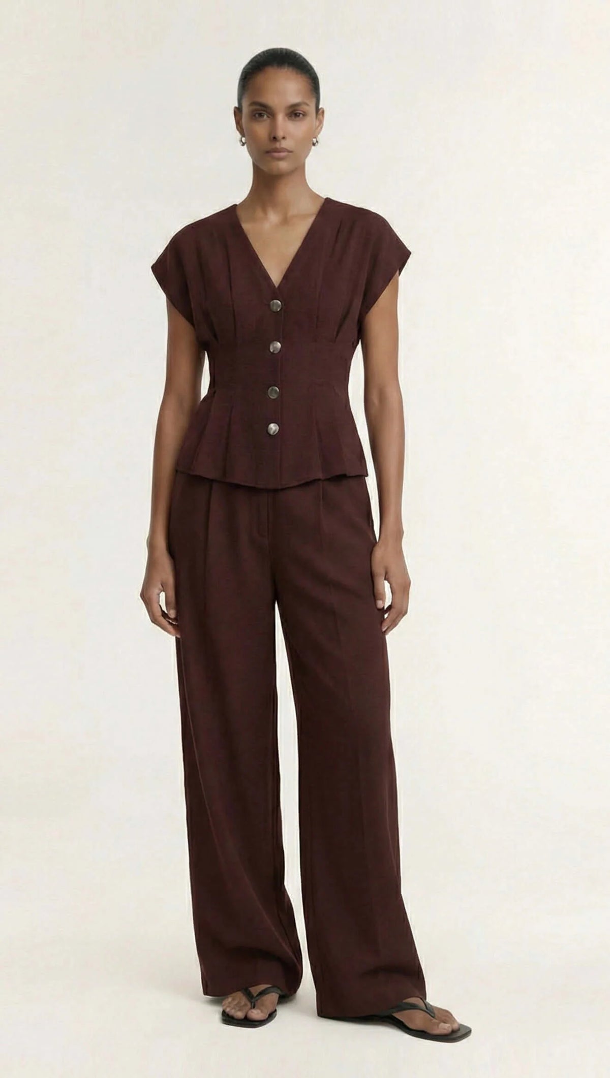 STAPLE THE LABEL RHODES V-NECK TOP - CHOCOLATE