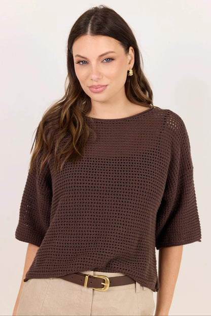 RE:UNION LABEL - SUNRISE CROCHET KNIT TOP - DARK CHOCOLATE