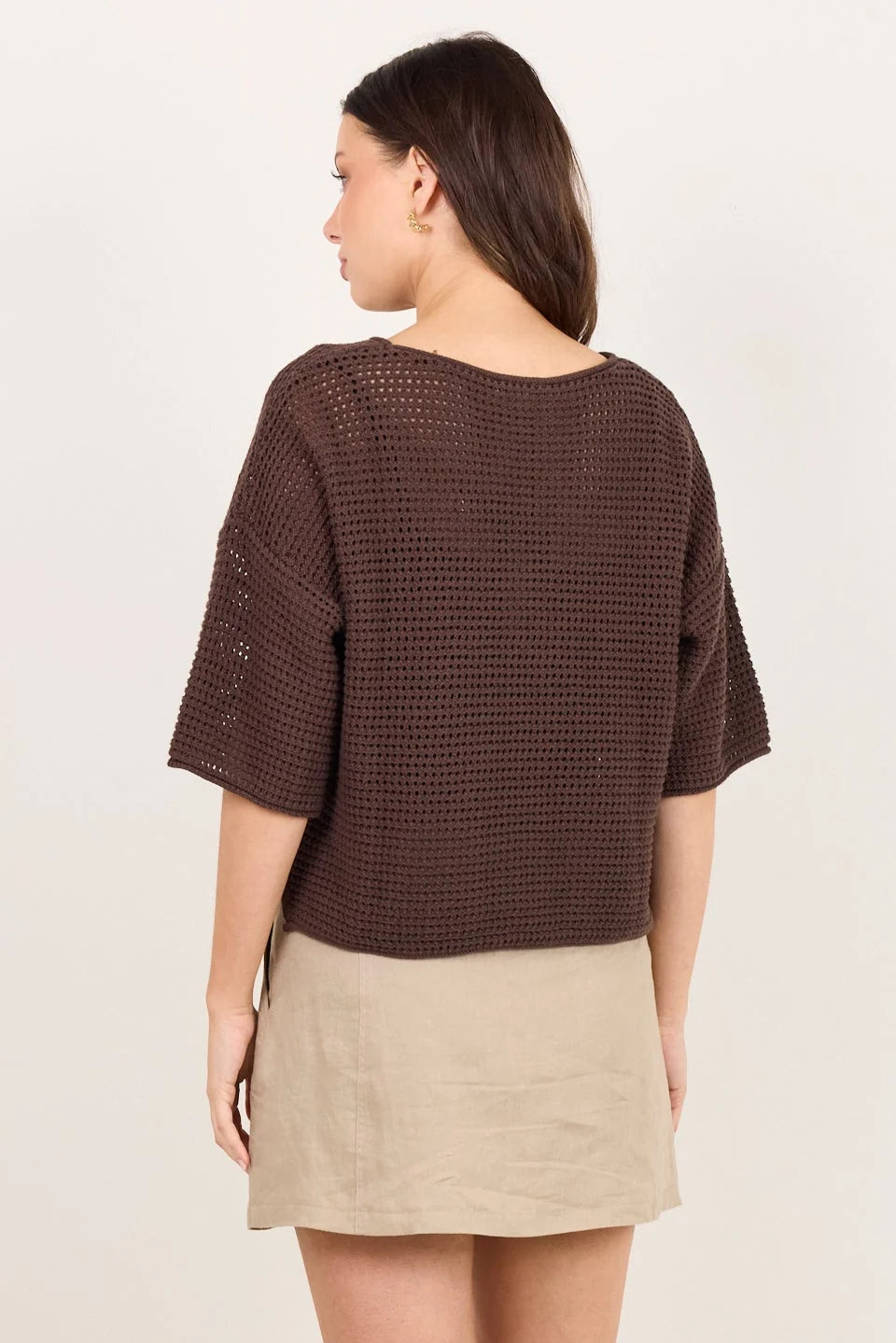 RE:UNION LABEL - SUNRISE CROCHET KNIT TOP - DARK CHOCOLATE