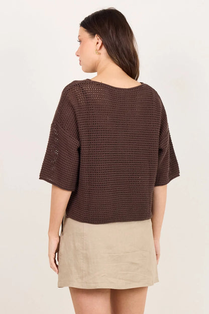 RE:UNION LABEL - SUNRISE CROCHET KNIT TOP - DARK CHOCOLATE