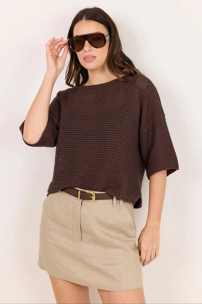 RE:UNION LABEL - SUNRISE CROCHET KNIT TOP - DARK CHOCOLATE