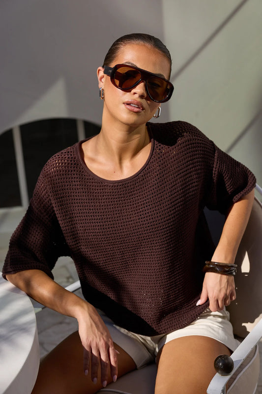 RE:UNION LABEL - SUNRISE CROCHET KNIT TOP - DARK CHOCOLATE
