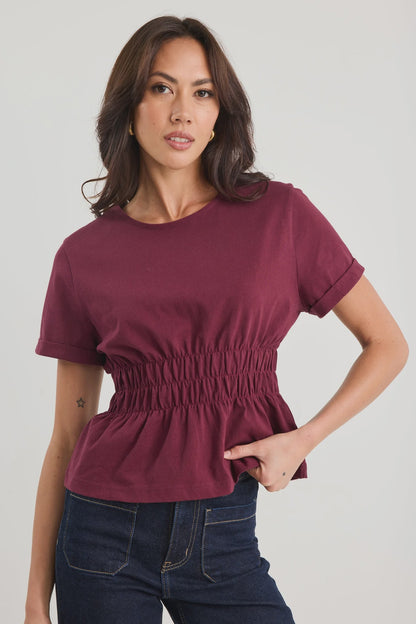 AMONG THE BRAVE - SVELTE SHIRRED TEE - BURGUNDY