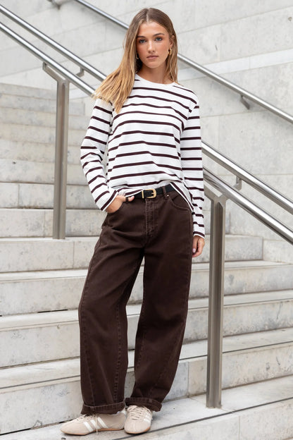 RE:UNION TETHER L/S BOXY TEE - CHOCOLATE WHITE STRIPE