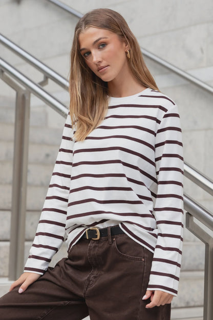 RE:UNION TETHER L/S BOXY TEE - CHOCOLATE WHITE STRIPE