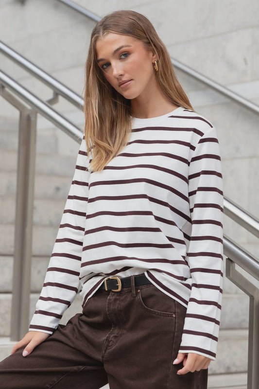 RE:UNION TETHER L/S BOXY TEE - CHOCOLATE WHITE STRIPE