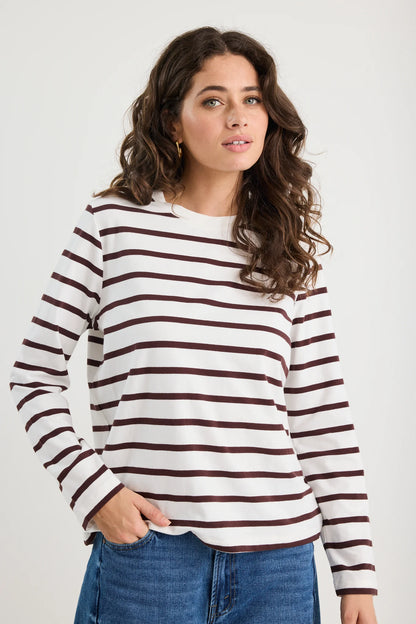 RE:UNION TETHER L/S BOXY TEE - CHOCOLATE WHITE STRIPE