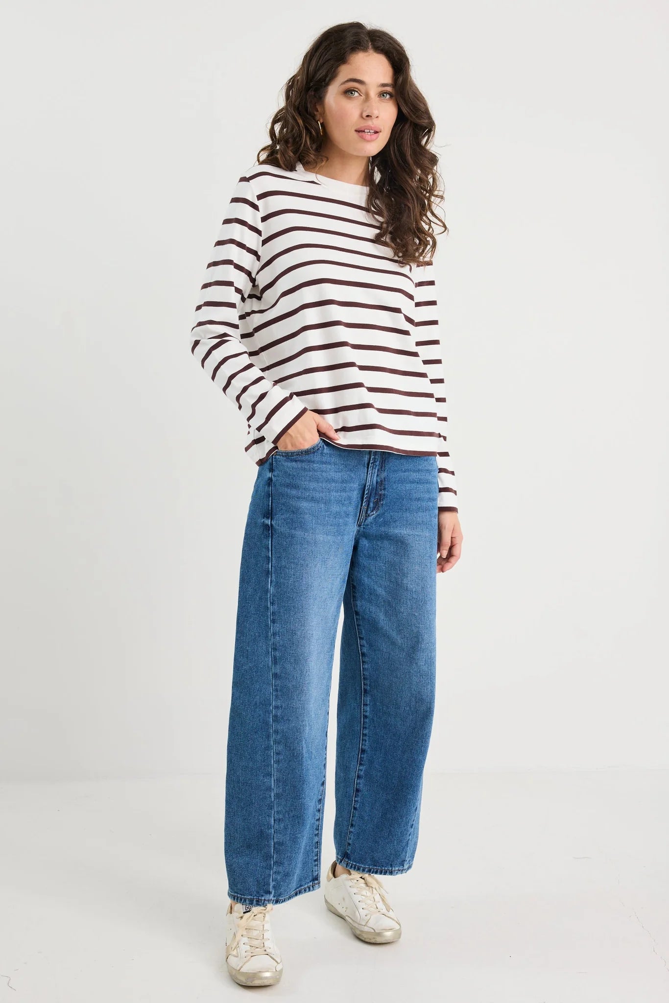 RE:UNION TETHER L/S BOXY TEE - CHOCOLATE WHITE STRIPE