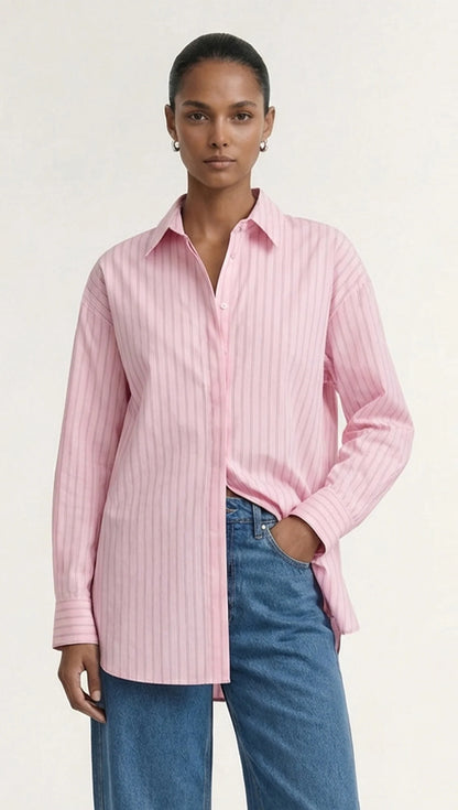 STAPLE THE LABEL KARI OVERSIZED SHIRT - PINK / WHITE STRIPE