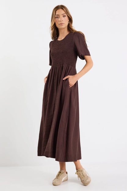 RE:UNION LABEL - WREN MIDI DRESS - CHOCOLATE