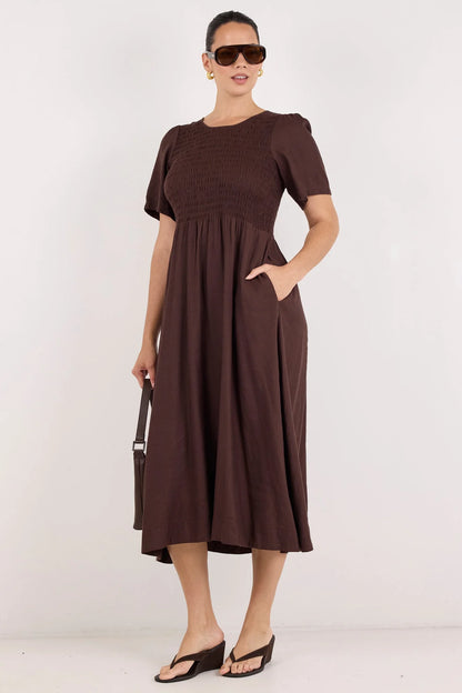 RE:UNION LABEL - WREN MIDI DRESS - CHOCOLATE