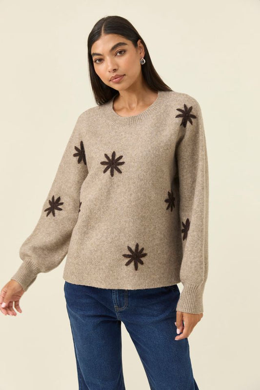 ISLE OF MINE - MIRU STITCH FLOWER JUMPER - STONE