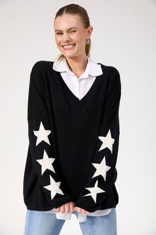 HAVEN VERMONT STAR V NECK JUMPER - BLACK