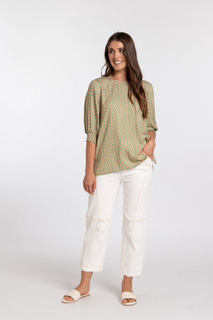 MI MOSO FINLEY TOP - GREEN & PINK PRINT