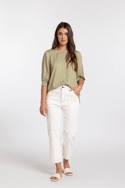 MI MOSO FINLEY TOP - GREEN & PINK PRINT
