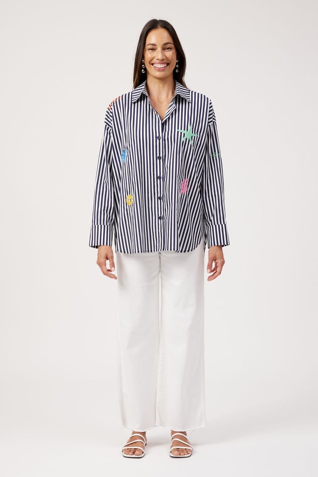 HAVEN MYKONOS EMBROIDERED STRIPE SHIRT - NAVY