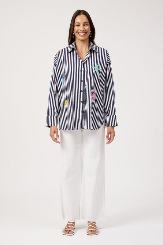 HAVEN MYKONOS EMBROIDERED STRIPE SHIRT - NAVY