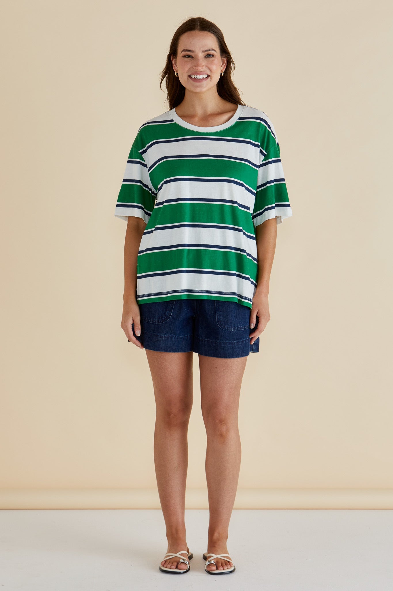 BETTY BASICS RELAX BOXY TEE - NAVY/GREEN STRIPE