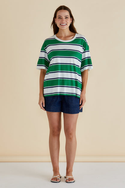 BETTY BASICS RELAX BOXY TEE - NAVY/GREEN STRIPE