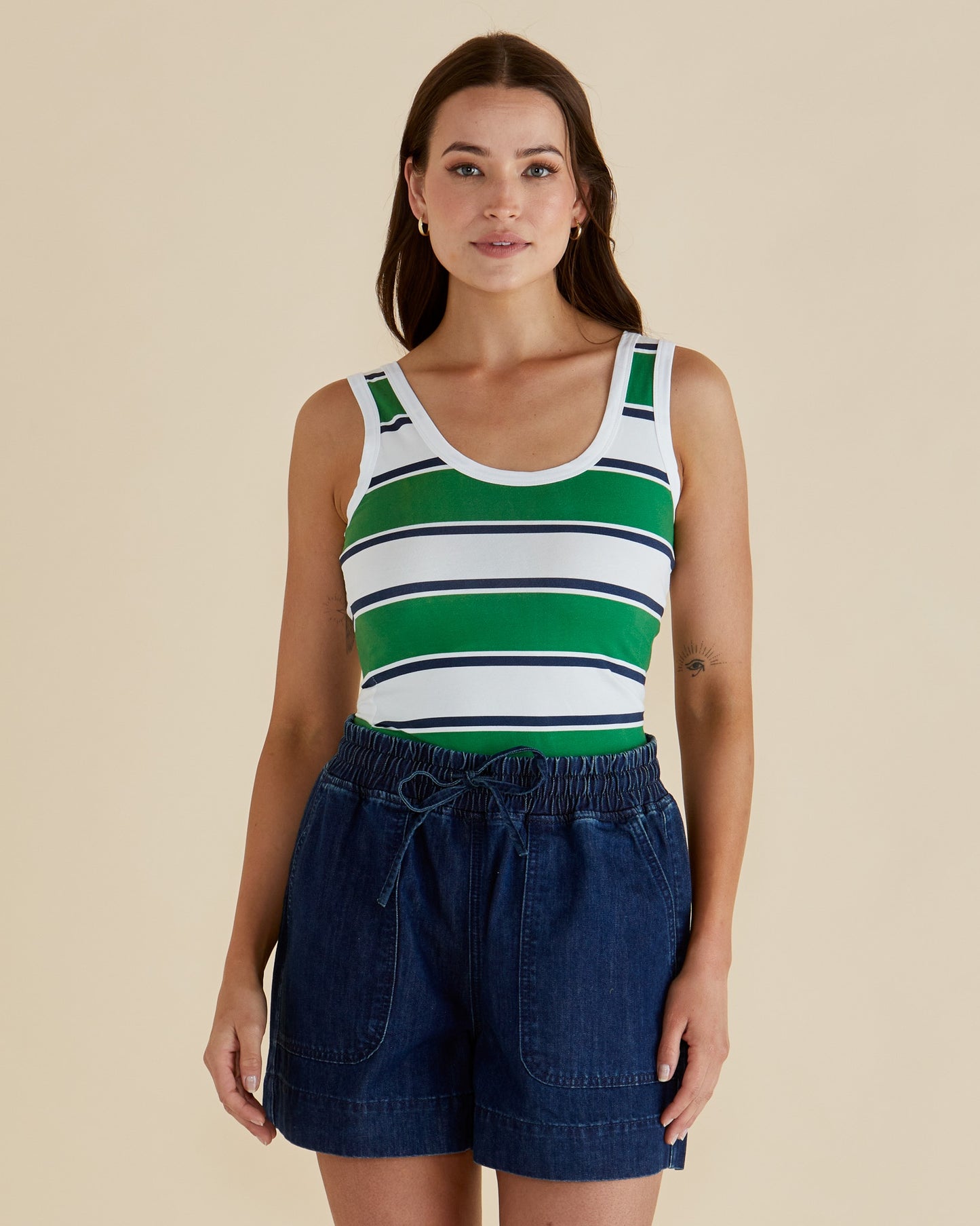 BETTY BASICS EMMA SCOOP TANK - NAVY/GREEN STRIPE