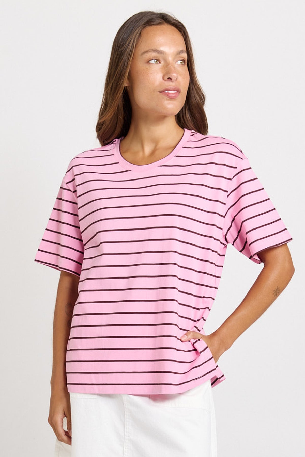 BETTY BASICS RELAX BOXY TEE - PINK/CHOCOLATE STRIPE
