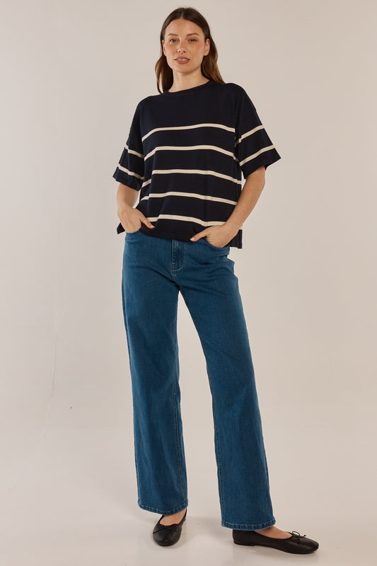 BETTY BASICS BAILEY BOXY SWEATER - NAVY / CREAM