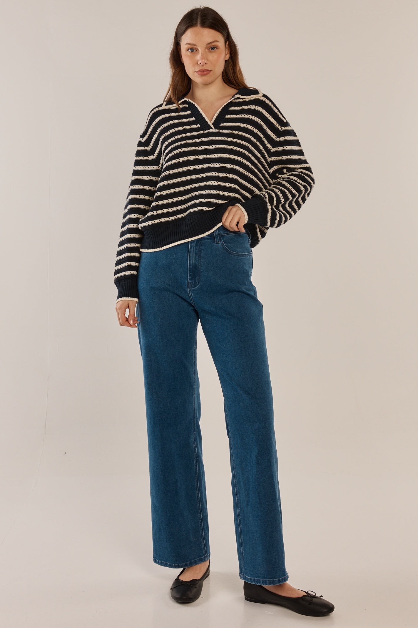 BETTY BASICS ABERDEEN POLO KNIT SWEAT - NAVY STRIPE