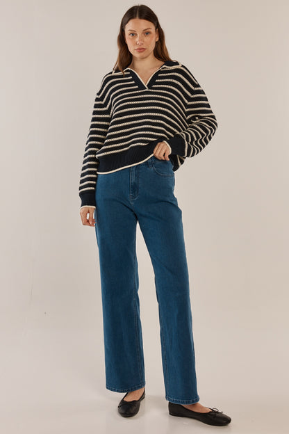 BETTY BASICS ABERDEEN POLO KNIT SWEAT - NAVY STRIPE