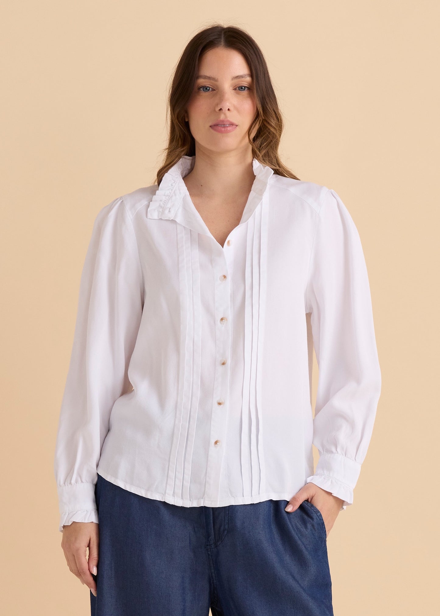 BETTY BASICS LUCILLE LYOCELL PLEATED SHIRT - WHITE