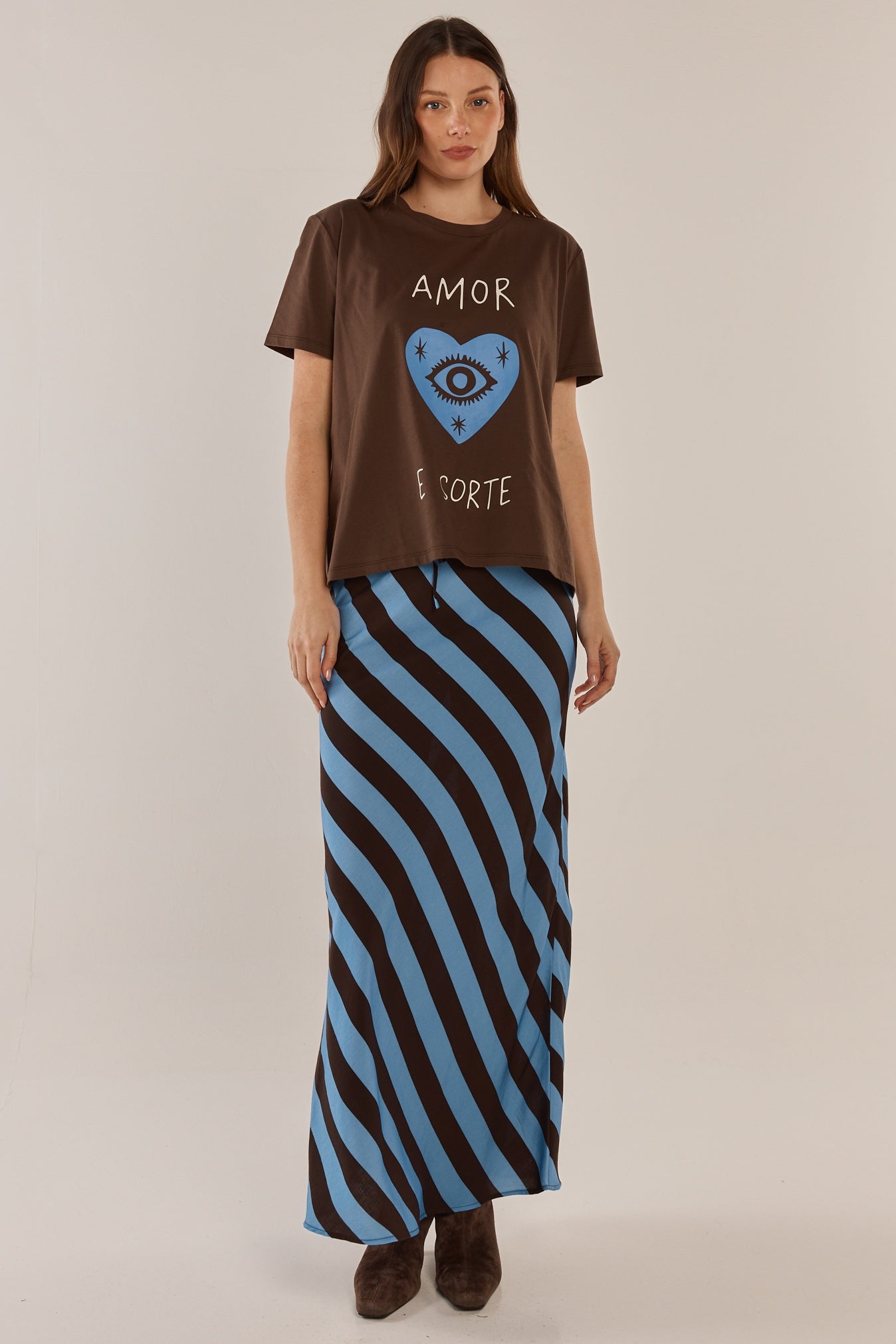 BETTY BASICS BEC BIAS SKIRT - CORNFLOWER/BROWN STRIPE