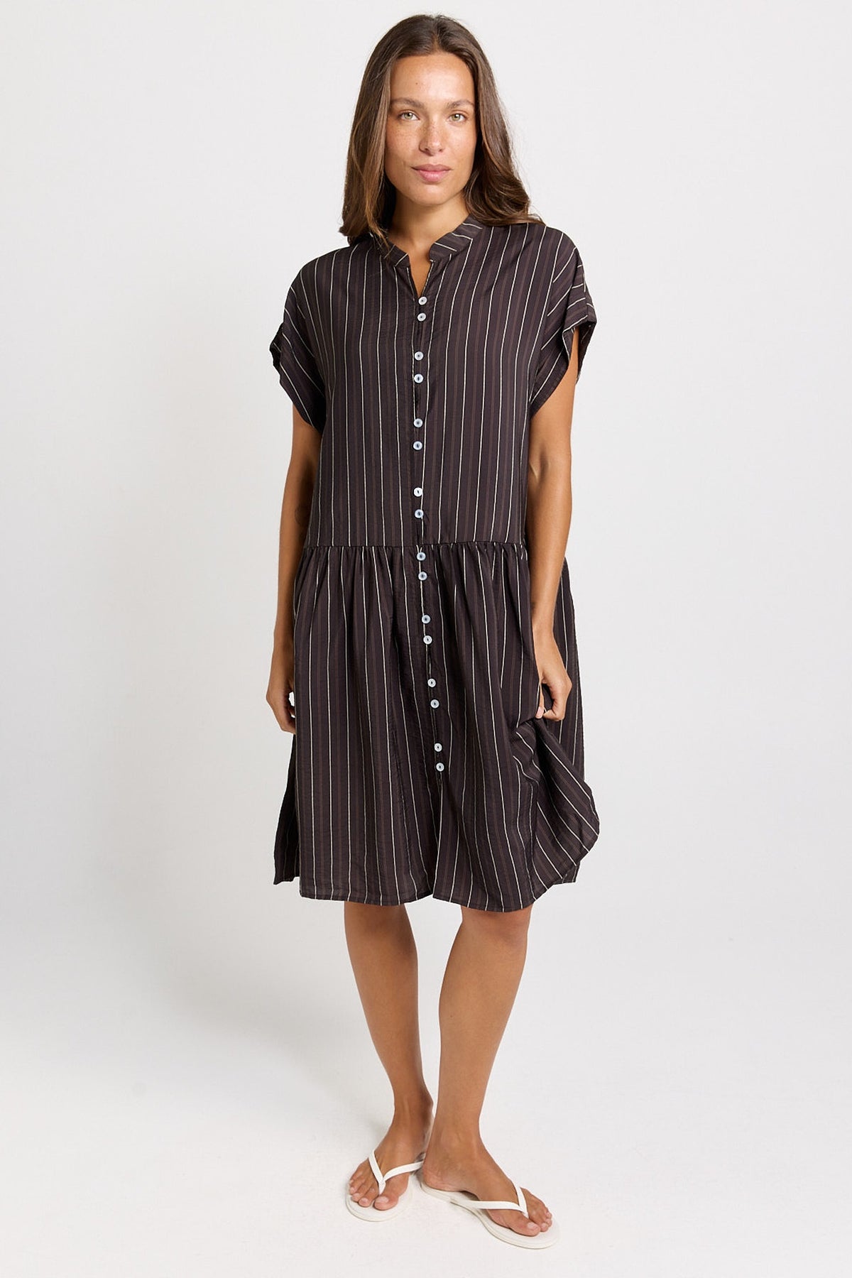 BETTY BASICS SANDY DRESS - BROWN STRIPE