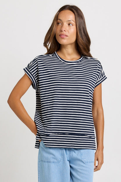 BETTY BASICS SHIRLEY S/S TEE - NAVY STRIPE