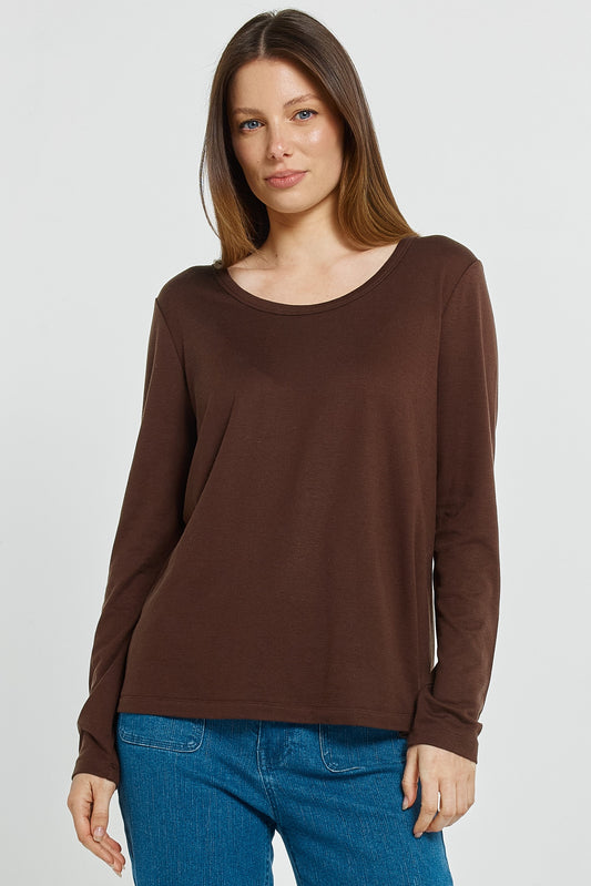 BETTY BASICS WESTIN BLENDED WOOL TEE - CHOCOLATE BROWN