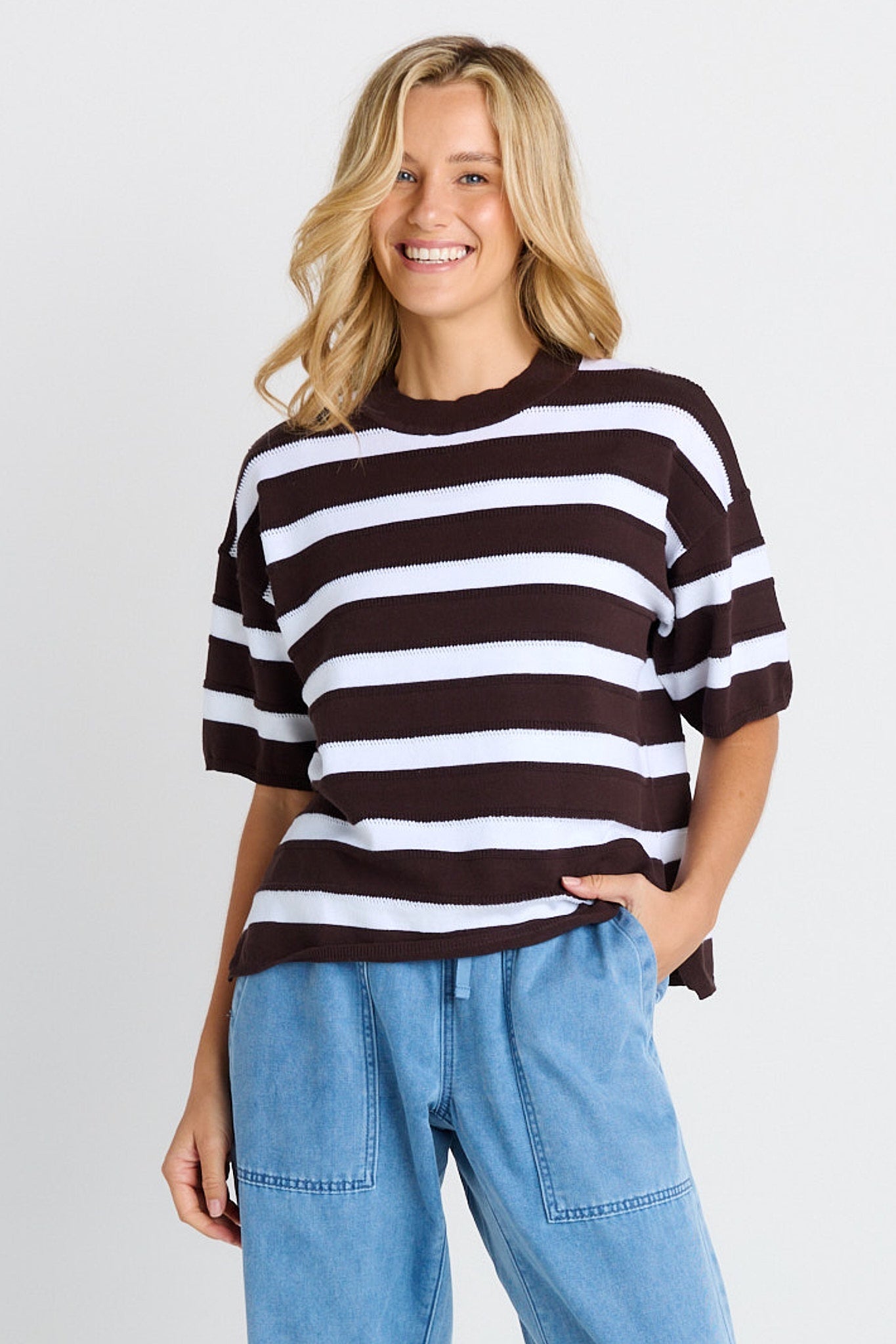 BETTY BASICS LIBBY BOXY TOP - CHOCOLATE STRIPE