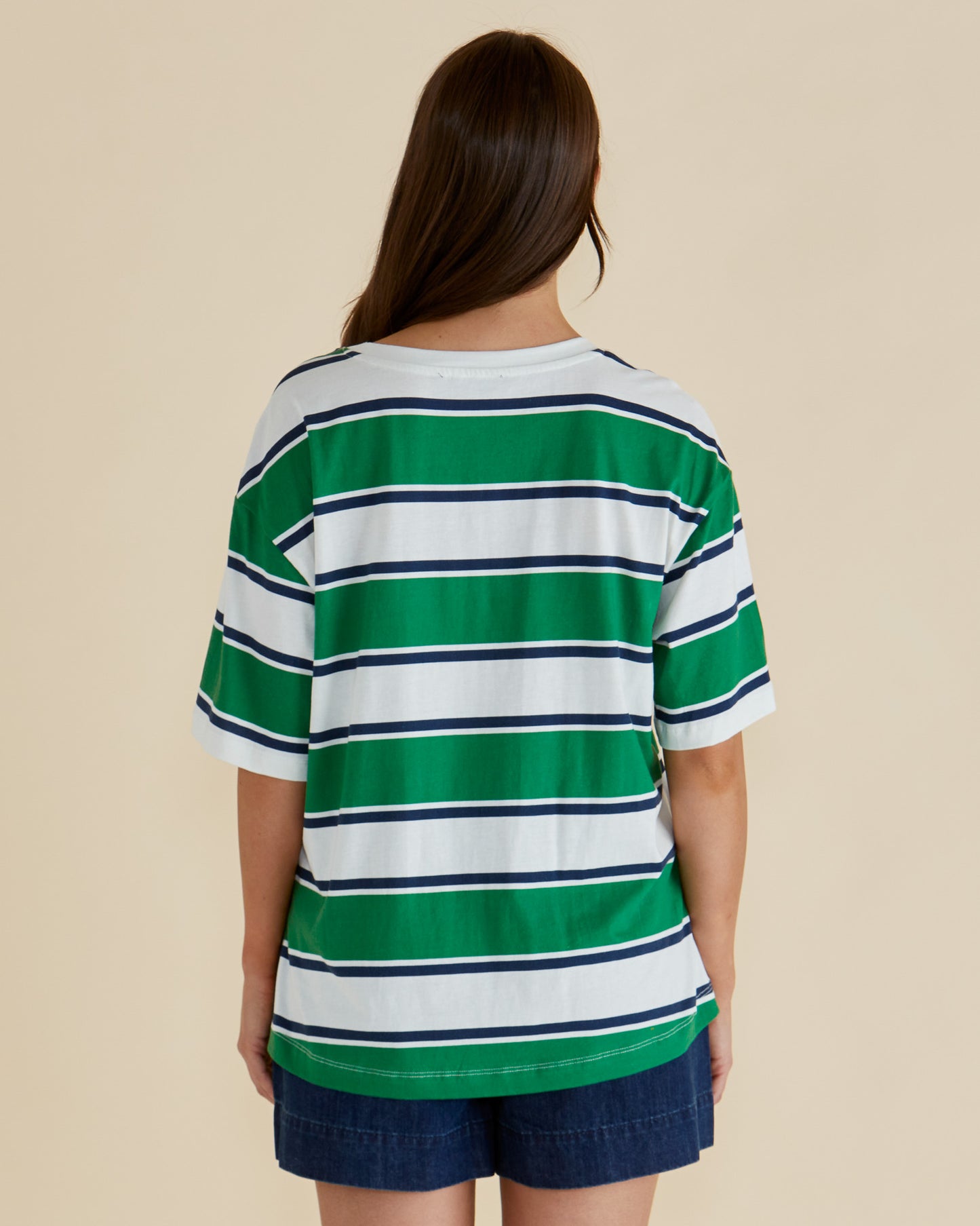 BETTY BASICS RELAX BOXY TEE - NAVY/GREEN STRIPE
