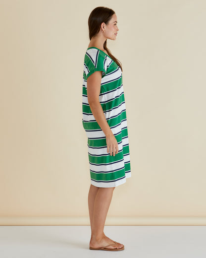 BETTY BASICS ZENA T-SHIRT DRESS - NAVY/GREEN STRIPE