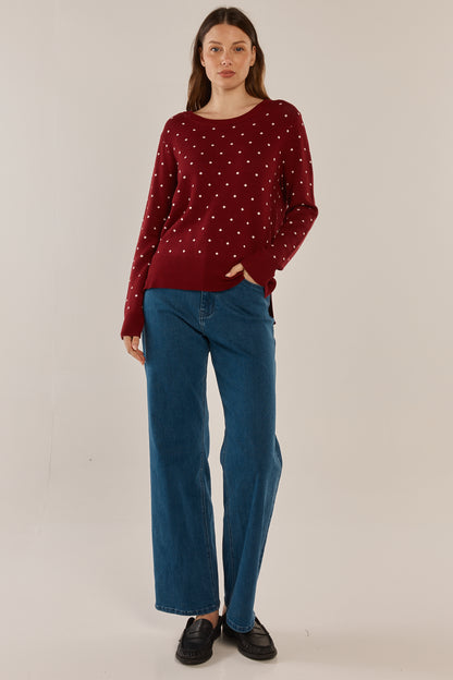BETTY BASICS LOUIS SWEATER - BURGANDY JACQUARD RED